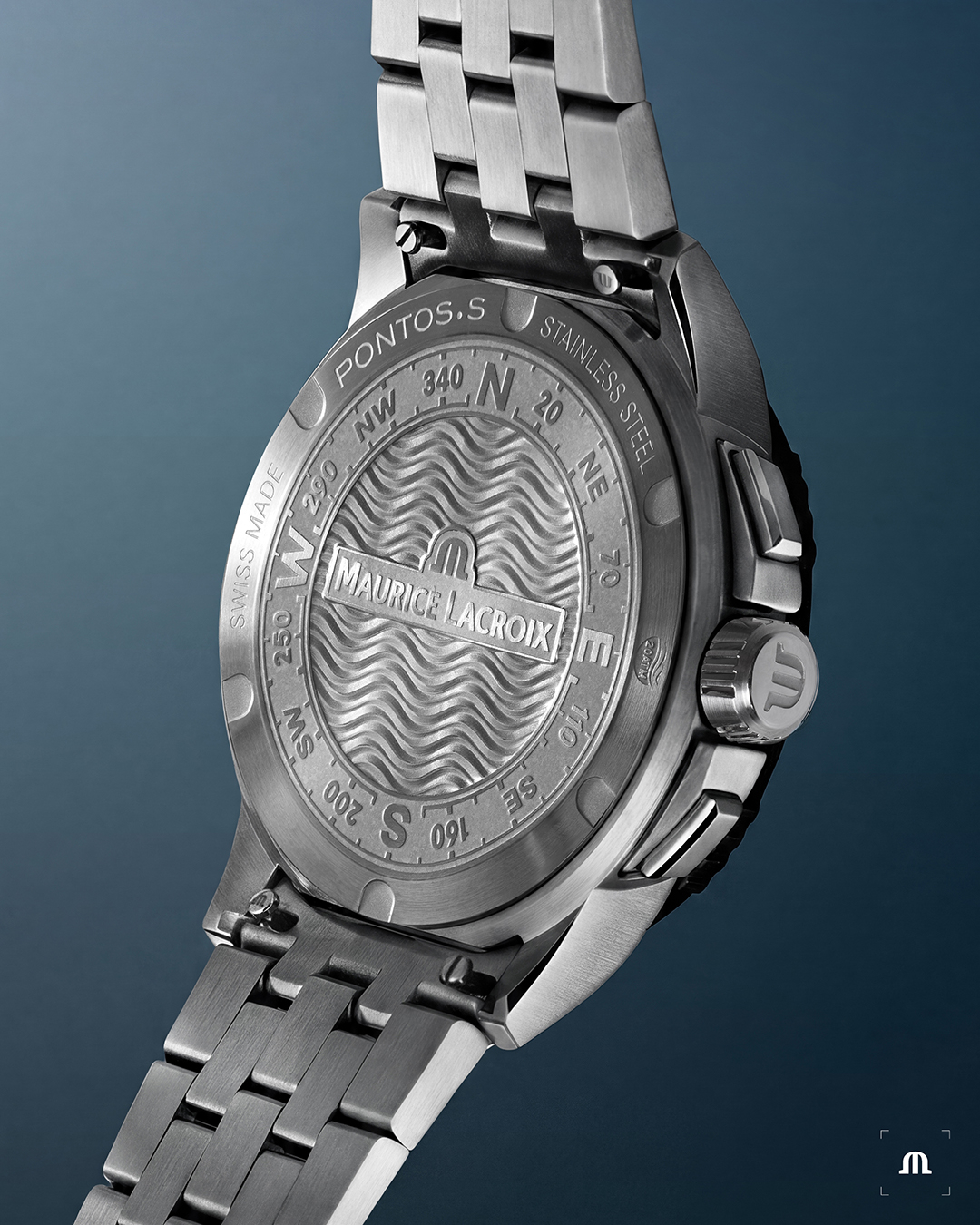 Maurice Lacroix Pontos S Solar caseback, maritime compass and wave engraving, stainless steel
