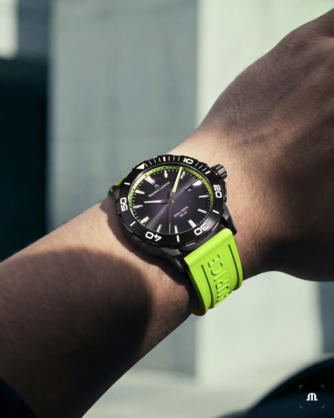 Maurice Lacroix Pontos S Solar Limited Edition, fluorescent green rubber strap, wristshot