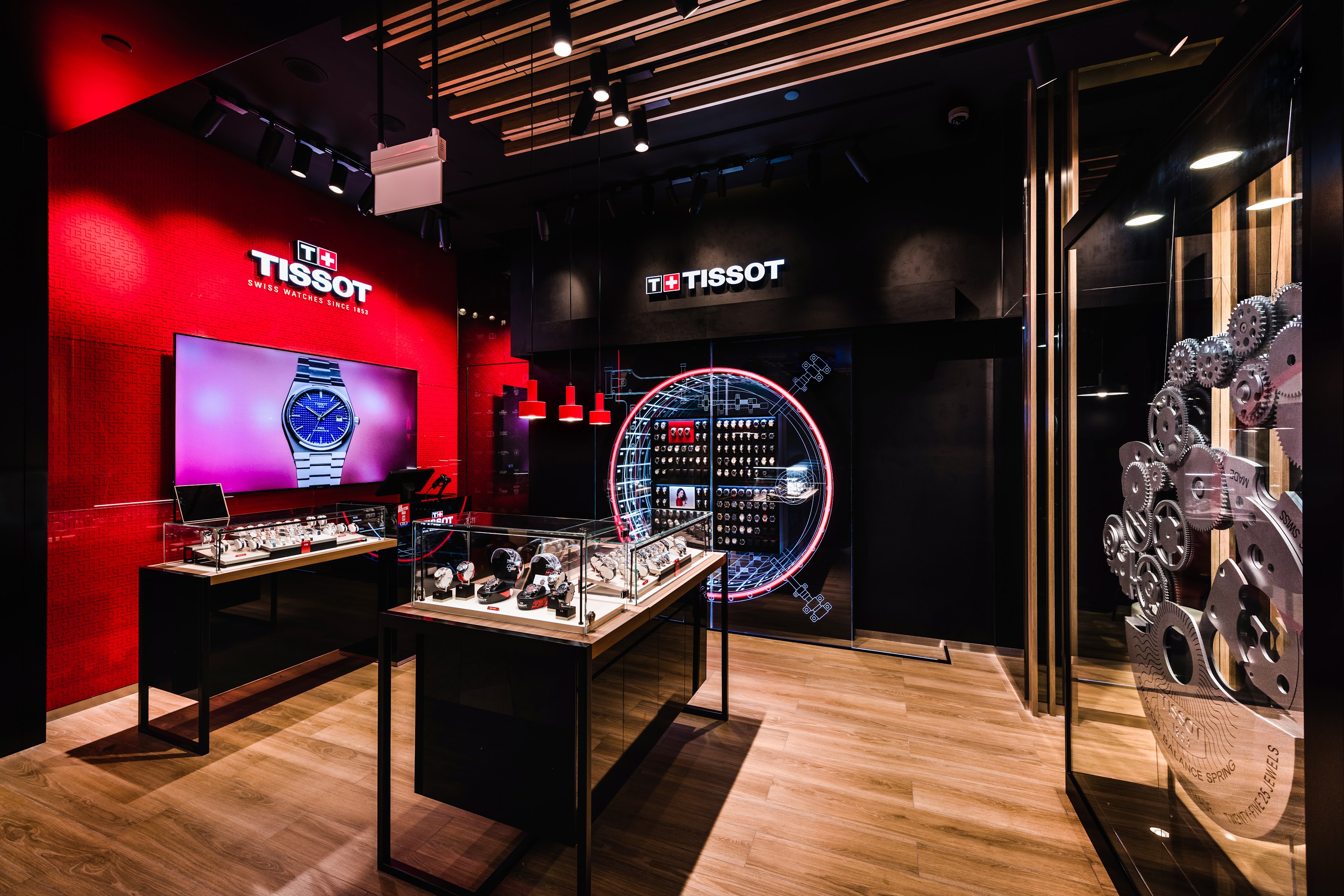 Tissot watch display counter at PLQ boutique Singapore showing full collection