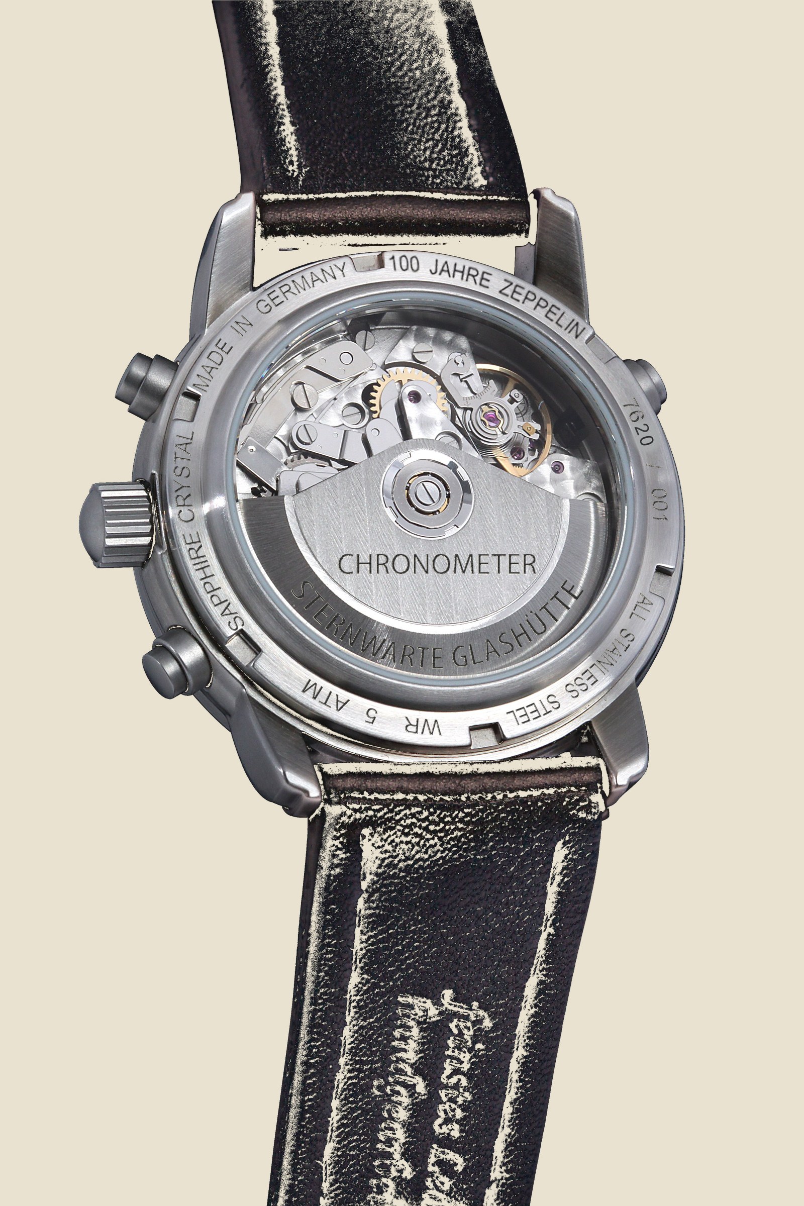 Zeppelin 100 Jahre Chronometer Ref. 7620, exhibition caseback showing ETA Valjoux 7753 automatic chronograph movement