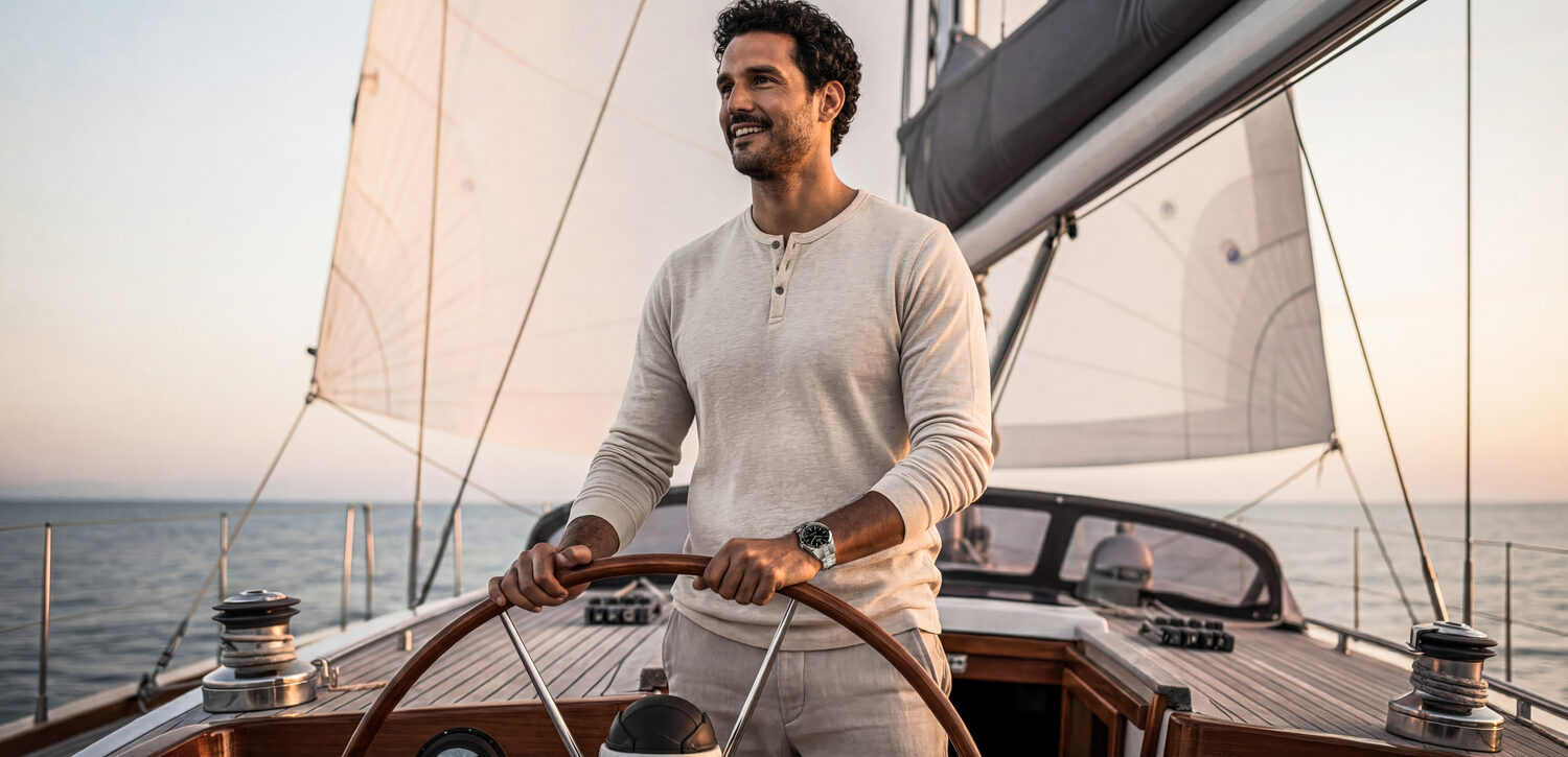 At the helm, wearing the Grand Ocean