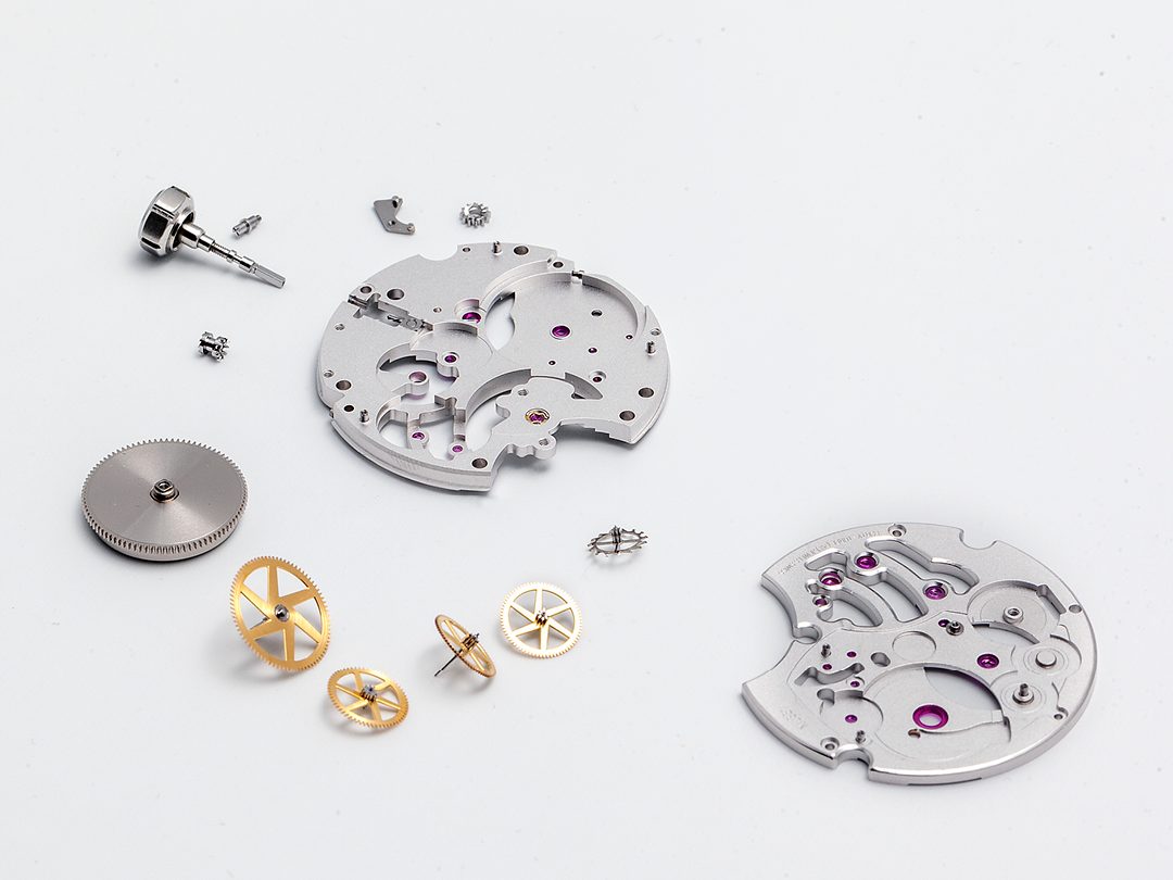 A Maurice Lacroix movement dismantled into its constituent parts